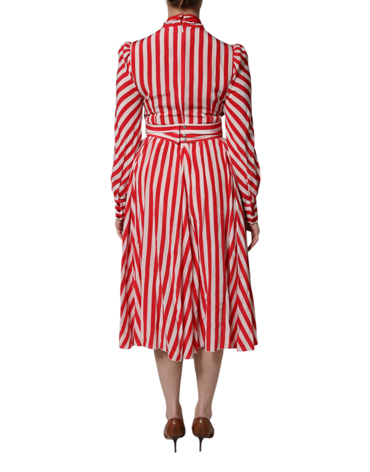 Dolce & Gabbana White Red Stripes Long Sleeves Midi Dress