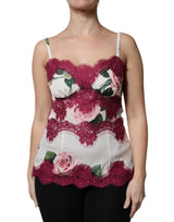 Dolce & Gabbana White Rose Print Satin Lace Tank Top Lingerie