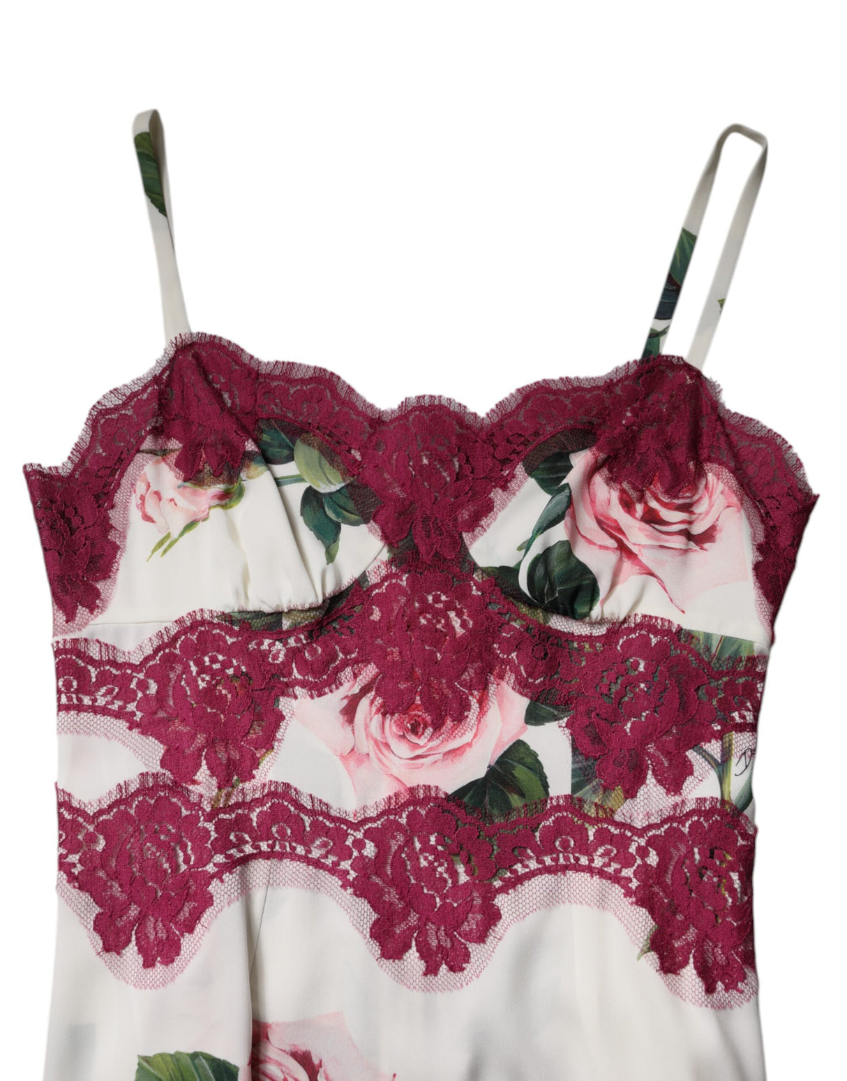 Dolce & Gabbana White Rose Print Satin Lace Tank Top Lingerie