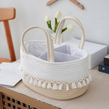 Baby Diaper Caddy Organizer Rope Tassel Nursery Storage Bin Basket Portable Holder Tote Bag for Girl Boy Nursery Storage Bin with Removable Divider Newborn Holder for Baby Shower & Mums (White)