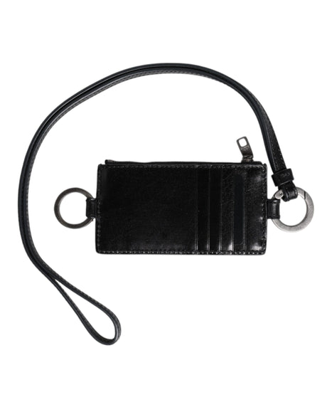 Dolce & Gabbana Black Leather Logo Embossed Lanyard Card Holder Wallet
