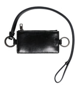 Dolce & Gabbana Black Leather Logo Embossed Lanyard Card Holder Wallet