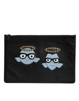 Dolce & Gabbana Black Leather #DGFAMILY Embellished Men Zip Pouch Bag