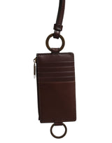 Dolce & Gabbana Brown Calf Leather Lanyard Logo Card Holder Wallet