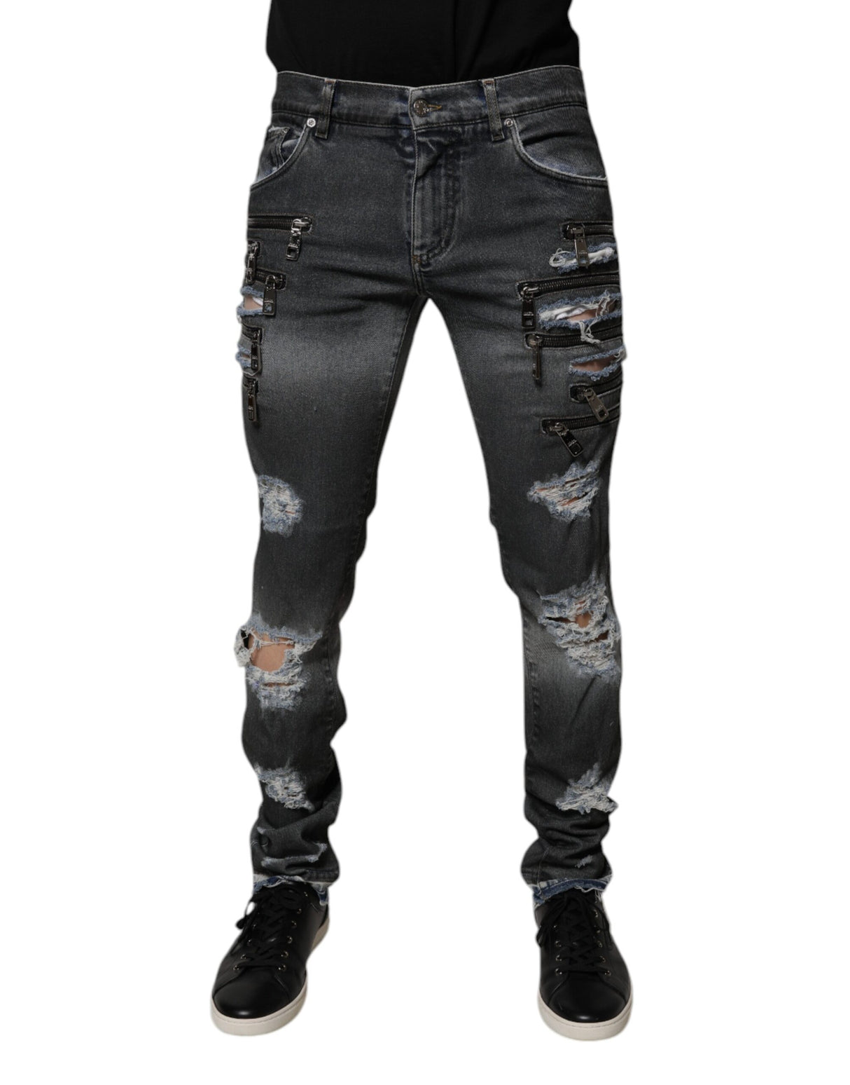 Dolce & Gabbana Dark Gray Tattered Cotton Skinny Denim Jeans