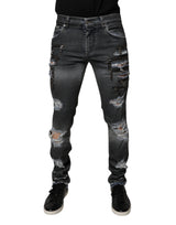 Dolce & Gabbana Dark Gray Tattered Cotton Skinny Denim Jeans