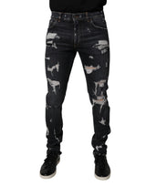 Dolce & Gabbana Black Tattered Cotton Skinny Men Denim Jeans