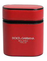 Dolce & Gabbana Red Calfskin Leather Logo Print Flip Holder Airpods Case