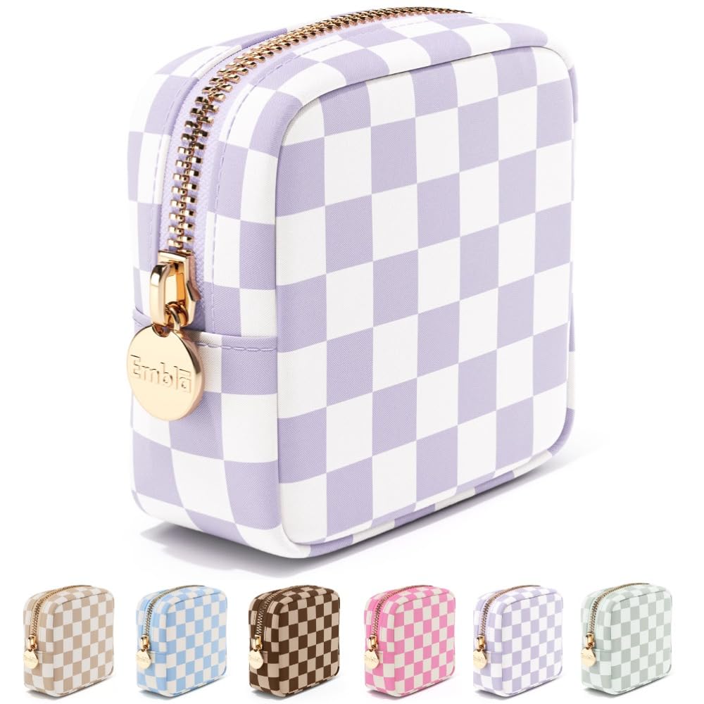 Embla Makeup Bag Travel Cosmetic Bag Toiletry Bag Cute Makeup Organizer Nylon Zipper Pouch Purse Storage Bag Cosmetics Organizer Womens Make Up Bag Mini Makeup Bags (Dusty Rose Checkered)