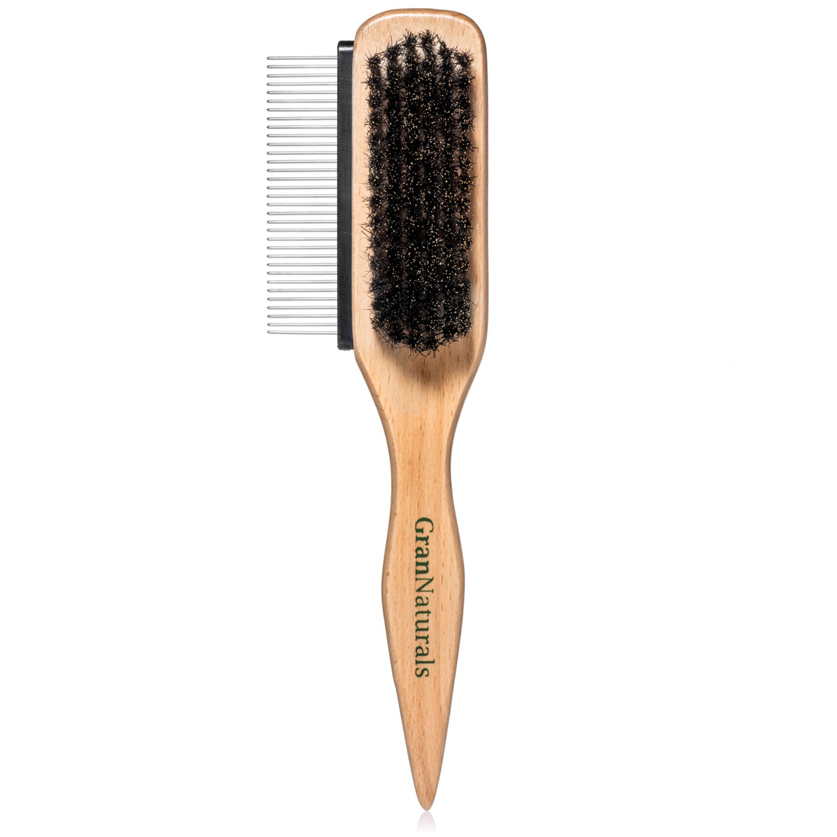 GranNaturals Boar Bristle Slick Back Hair Brush w/Comb for Smoothing Sleek Ponytail Bun - Wide Rat Tail & Metal Comb Hairbrush for Parting Teasing Backcombing Sectioning Edge Control Flyaways