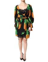 Dolce & Gabbana Black Silk Pineapple Draped Print Wrap Dress