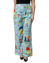 Dolce & Gabbana Light Blue Drawing Mid Waist Wide Leg Pants