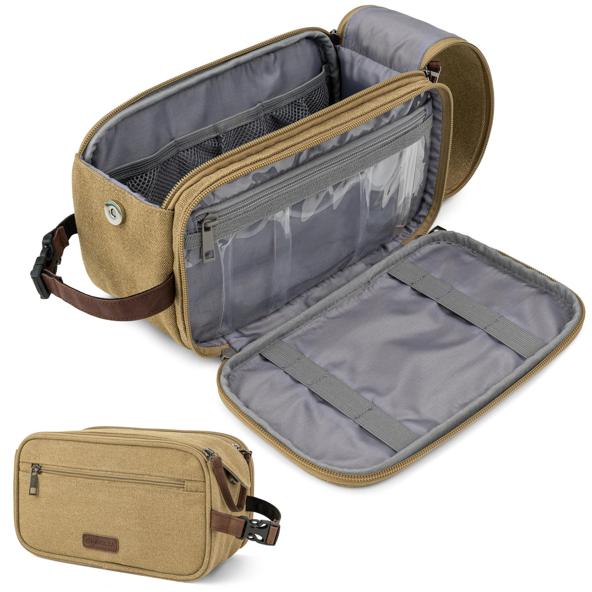 PAVILIA Toiletry Bag for Men Canvas Travel Dopp Kit Water Resistant Hygiene Bag Toiletries Organizer Shaving Kit Travel Accessories Bag Tan Khaki