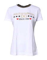 Dolce & Gabbana White Printed Round Neck Top Cotton T-shirt