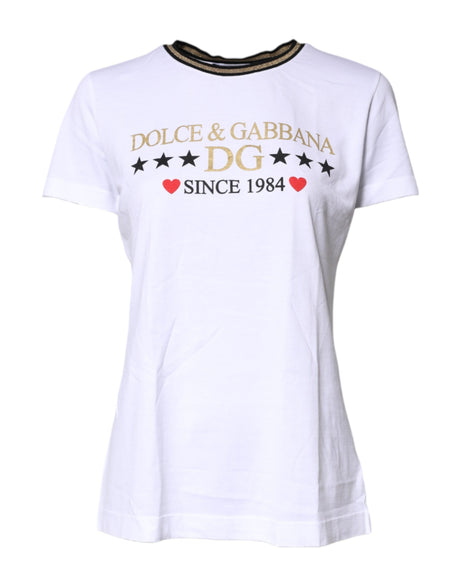 Dolce & Gabbana White Printed Round Neck Top Cotton T-shirt