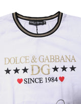 Dolce & Gabbana White Printed Round Neck Top Cotton T-shirt