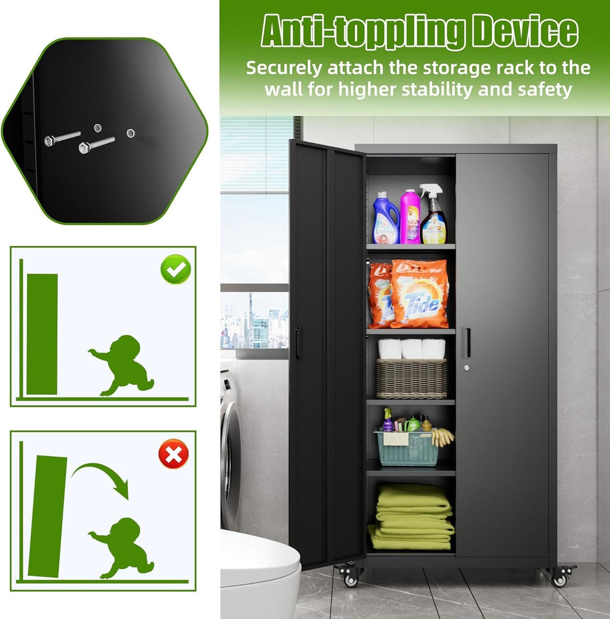 Garage Storage Cabinet With Optional Wheels, Metal Lockable File Cabinet With 2 Doors And 4 Adjustable Shelves,Tool Storage,Home Office Garage,Gym,School Black