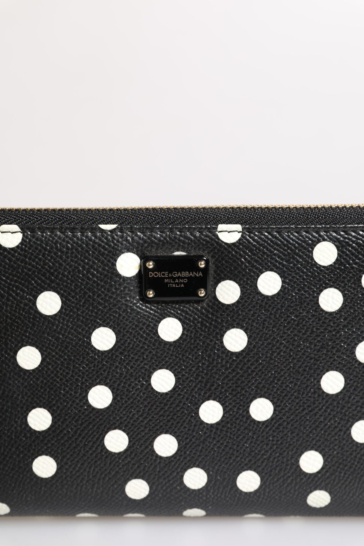 Dolce & Gabbana Black White Dotted Leather Zip Around Continental Wallet