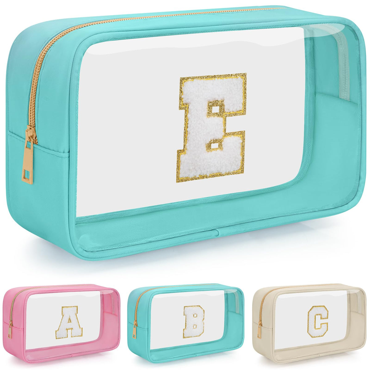 WELIDAY Personalized Initial Letter Clear Makeup Bag Travel Chenille Patch Cosmetic Bag Waterproof Toiletry Bag with Zipper for Teen Girls Women (Green E)