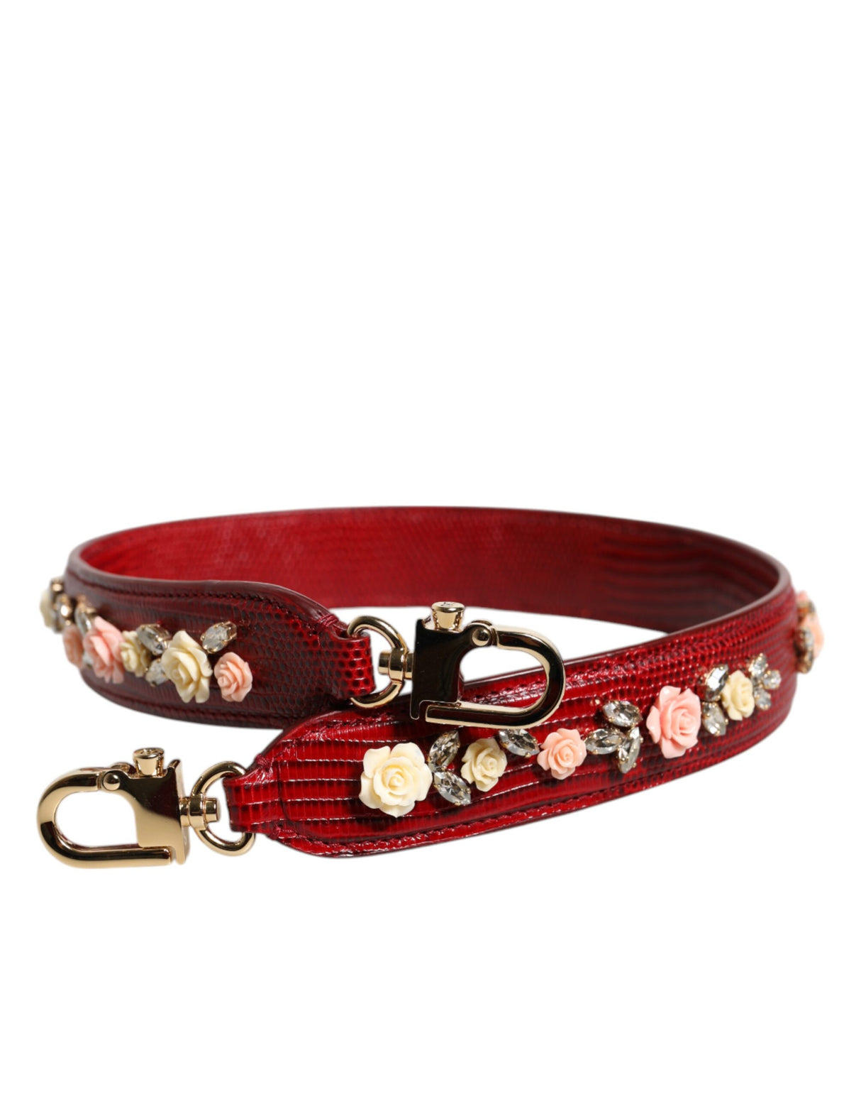 Dolce & Gabbana Red Leather Floral Embellish Bag Shoulder Strap