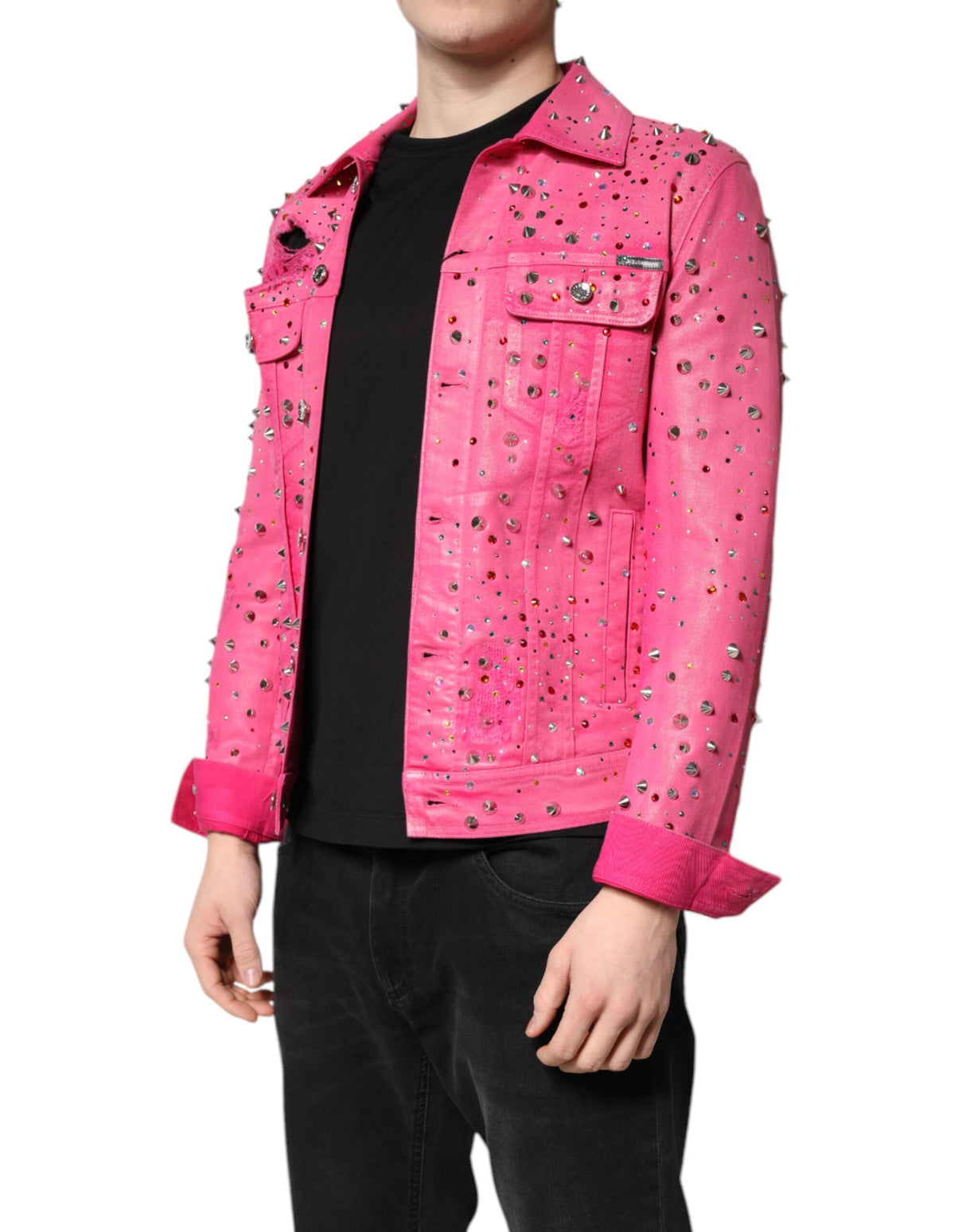 Dolce & Gabbana Pink Crystal Embellished Cotton Denim Jacket