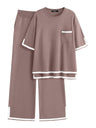 ZANZEA Womens 2 Piece Outfits Lounge Sets Short Sleeve Knit Pullover Tops Wide leg Pajama Sets with Pockets Deep Taupe XX-Large