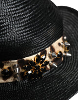 Dolce & Gabbana Black Straw Crystal Embellished Wide Brim Hat
