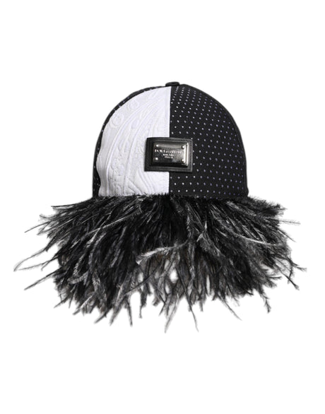 Dolce & Gabbana White Black Polka Dot Feathers Baseball Cap