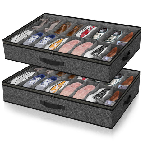 2 Pack Under Bed Shoe Storage Organizer for Closet Fits Total 32 Pairs Foldable Underbed Shoes Containers Boxes Under the Bed Storage Bedding with Sturdy Handles&Clear Window for College Dorms Grey