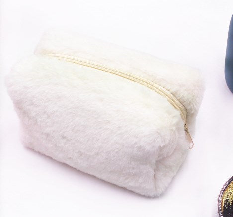 Solid Pink Plush Cosmetic Bag for Women - Travel Organizer