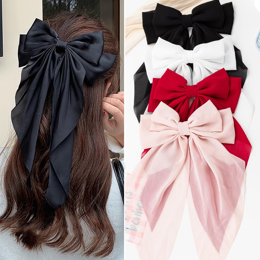Seneeel Hair Accessories - 4 PCS Oversized Ribbon Bows with Long Tails Cute Aesthetic Large Barrettes for Women and Girls (White Pink Red Black)