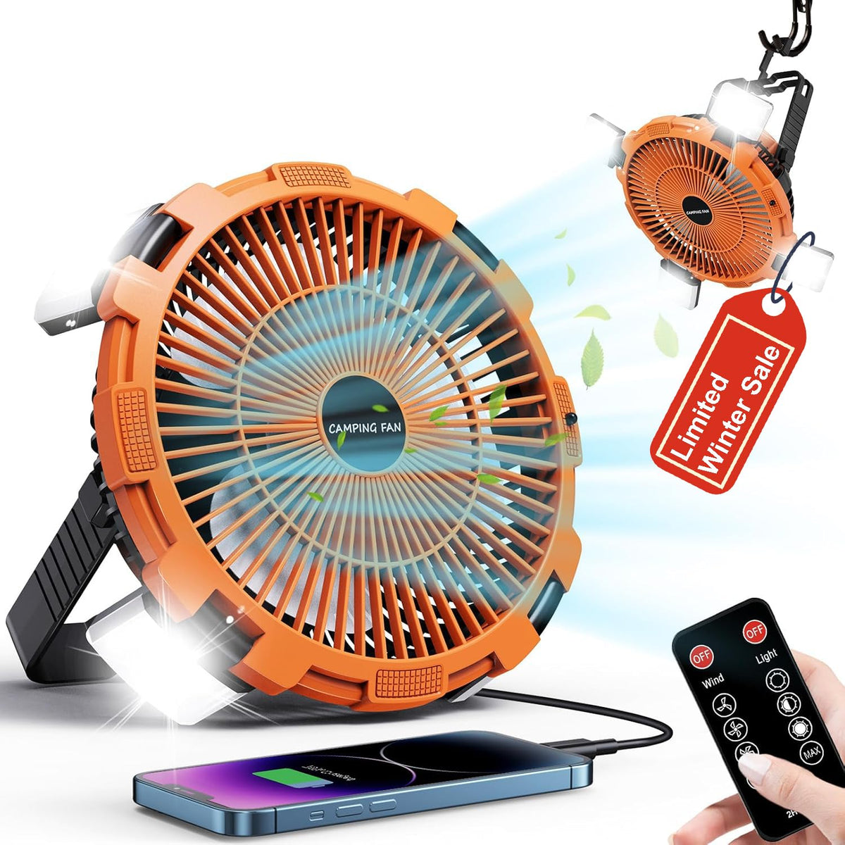 Camping Fan with LED Lantern 8000mAh Rechargeable Battery Powered Camping Fan with Remote & Hook4 SpeedsUSB-C Charging Outdoor Tent Fans for HomeTravelBBQFishingSleepEmergency (Orange)