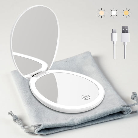 FUNTOUCH Travel Makeup Mirror with LightLed Small Purse Compact Mirror with LightLighted Compact 10X Magnifying Mirror 2-Sided 3 Color Lights Small Makeup Cosmetic Mirror with Bag