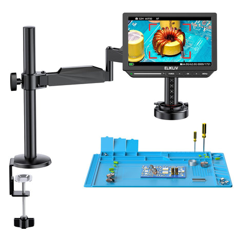 Elikliv Autofocus 4K HDMI Digital Microscope EM4K-AF Flex Arm Soldering Microscope for Adults 10.1" Coin Microscope with Ring Light 52MP LCD Microscopes with Screen Electronics Repair Mat 64G