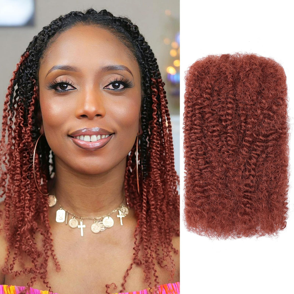 Unionbeauty 16 Inch Afro Kinkys Bulk Human Hair for Dreadlock Extensions Loc Repair Ginger Afro Kinkys Bulk 100% Human Hair for Micro Twist Afro Kinky Curly Human Braiding Hair 30g/Pack 350#
