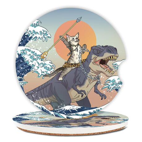 Car Coasters Pack of 2Absorbent Ceramic Car Coasters Set for Women/MenDrink Cup Holder Coasterswith A Finger Notch for Easy Removal(Cat and Dinosaur)