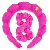FROG SAC Puffy Spa Headband and Wristbands for Face Washing Hot Pink Make Up Skincare Head Band for Women Terry Cloth Spiral Bubble Makeup Skin Care Hair Bands for Girls (Abbie Rose Collab)