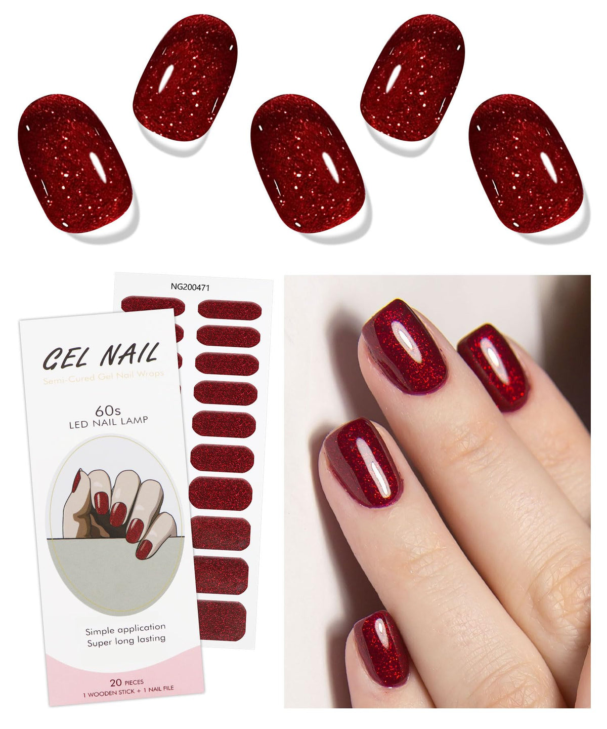 JMEOWIO Gel Nail Stickers Black Red Semi Cured Gel Nail Strips Wraps UV/LED Nail Supplies Nail Art Design Decoration Accessories
