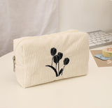 Black Tulip Embroidery Makeup Bag with Zipper Organizer