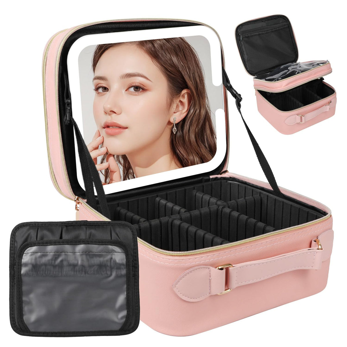 Behaesty Travel Makeup Bag with LED Mirror Double Layer Detachable Vanity Mirror with Lights Tri-light Dimmable Makeup Case with Adjustable Dividers and Brush Holder Cosmetic Organizer Storage Box