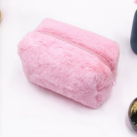 Solid Pink Plush Cosmetic Bag for Women - Travel Organizer