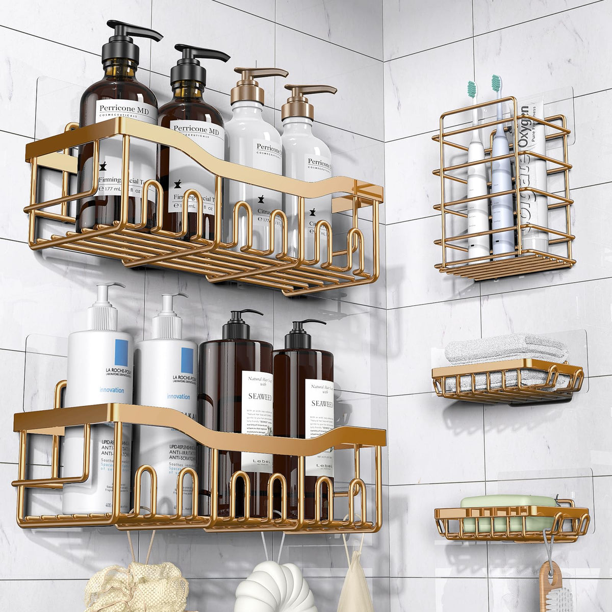 Shower Caddy 5 PackAdhesive Shower Organizer for Bathroom Storage&Home Decor&KitchenNo DrillingLarge CapacityRustproof Stainless Steel Bathroom OrganizerShower Shelves for Inside Shower-Larger