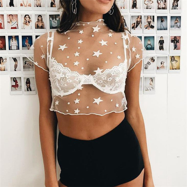 Star Print T-Shirt, Sheer Short Sleeve Top