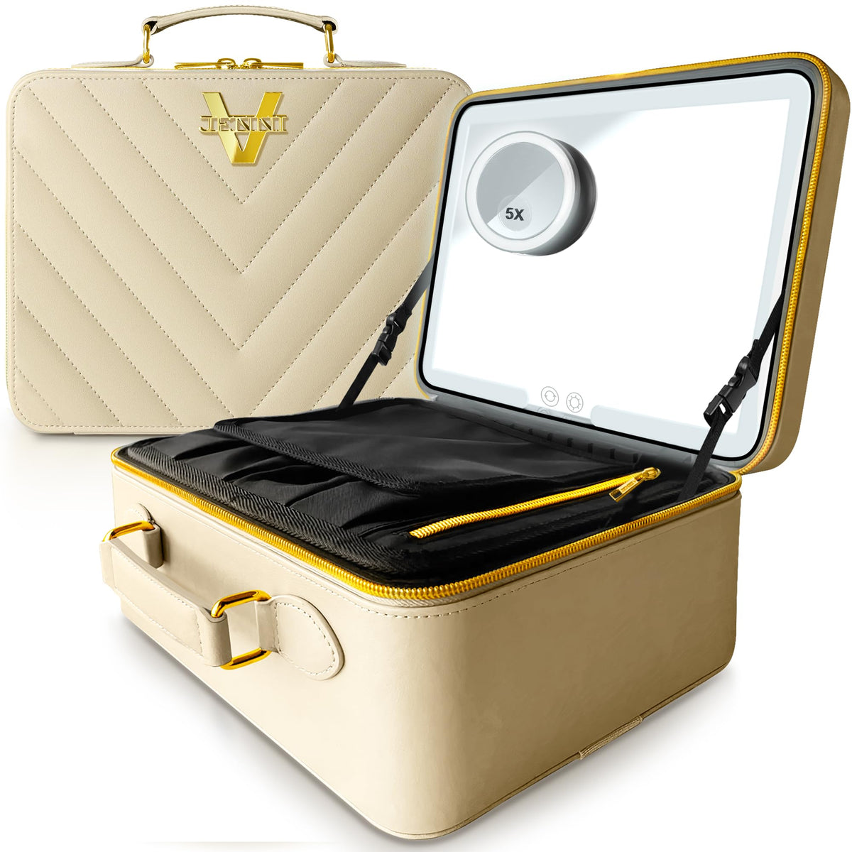 JENNI V Upscale PU Leather Makeup Bag with Light Up Mirror 3 Brightness Settings Adjustable Dividers - Replace Your Bulky Vanity While On the Go - Chic Travel Makeup Case Box - Makeup Organizer Bag