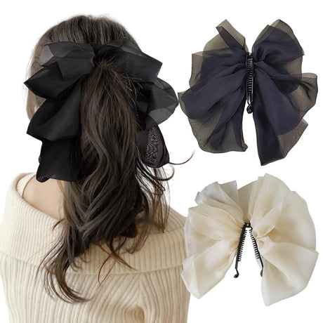 2 Pcs Ribbon Bow Banana Clip Vertical Ponytail Claw Clip Bowknot Ponytail Holder Hair Barrette Accessories for Women Girls (Black and Beige)