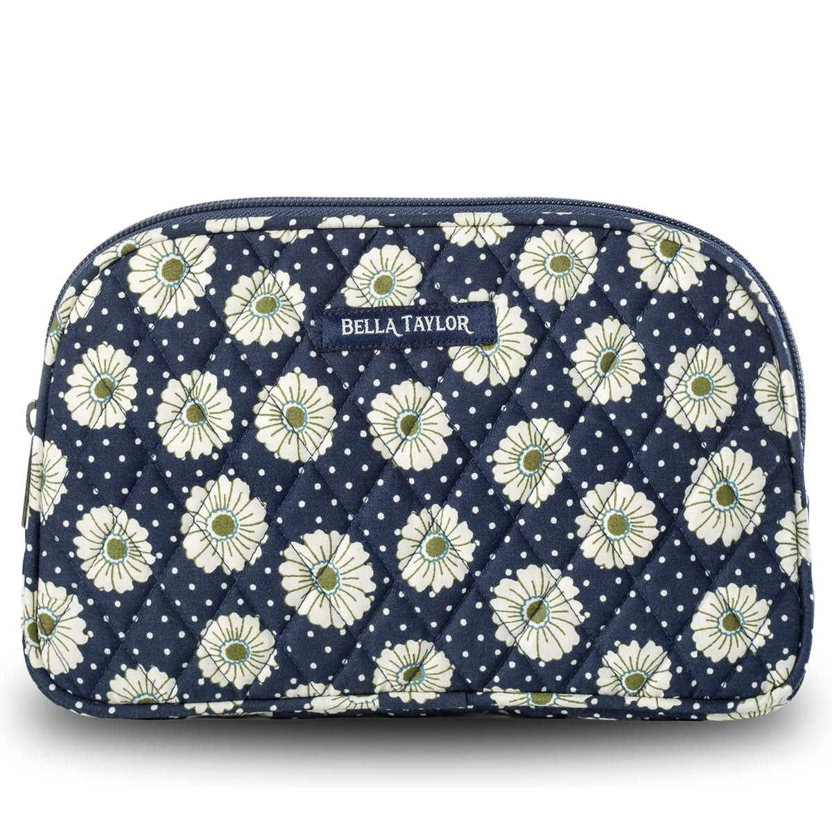 Bella Taylor Large Quilted Cotton Makeup Pouch for Women Travel Cosmetic Bag Quilted Cotton Dotted Daisy Navy Floral