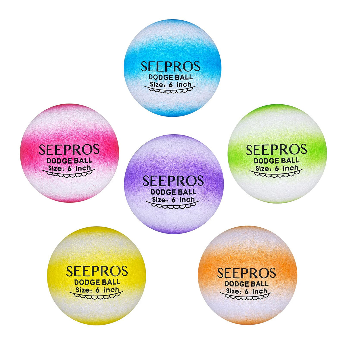 SEEPROS Foam Dodgeball Set Gator Balls - Soft Skin Low Bounce Neon Color Set of 6 with Mesh Storage Bag for Kids and Adults 6 Inch