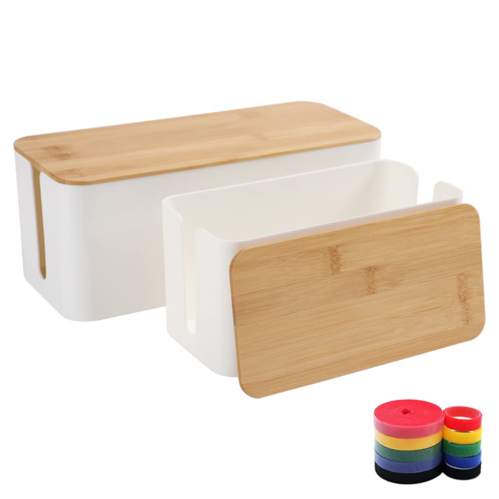 Cable Management Box Organizer Set of 2 Bamboo Lid Large Storage Wire Holder to Conceal Hide Surge Protector Power Strips Cord on Desk Floor with 5 Cables Tape for Home Office Computer TV USB Hub