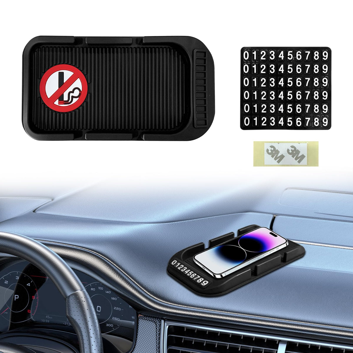 Lecctso Car Dashboard Cell Phone Holder Silicone Anti-Slip Pad Mat with Number Plate Auto Silicon Tray for Placing Phone Keychains Car Interior Accessories Fits All Cars (Black no smoking)