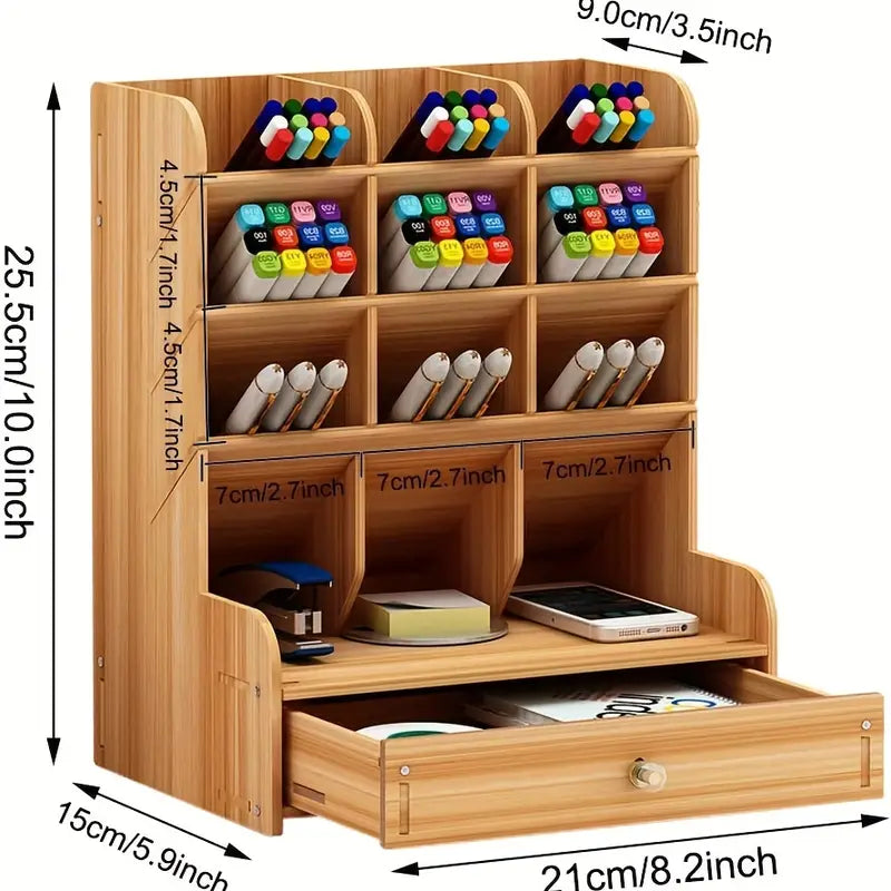 Multi-Functional Wooden Desk Organizer with Drawer